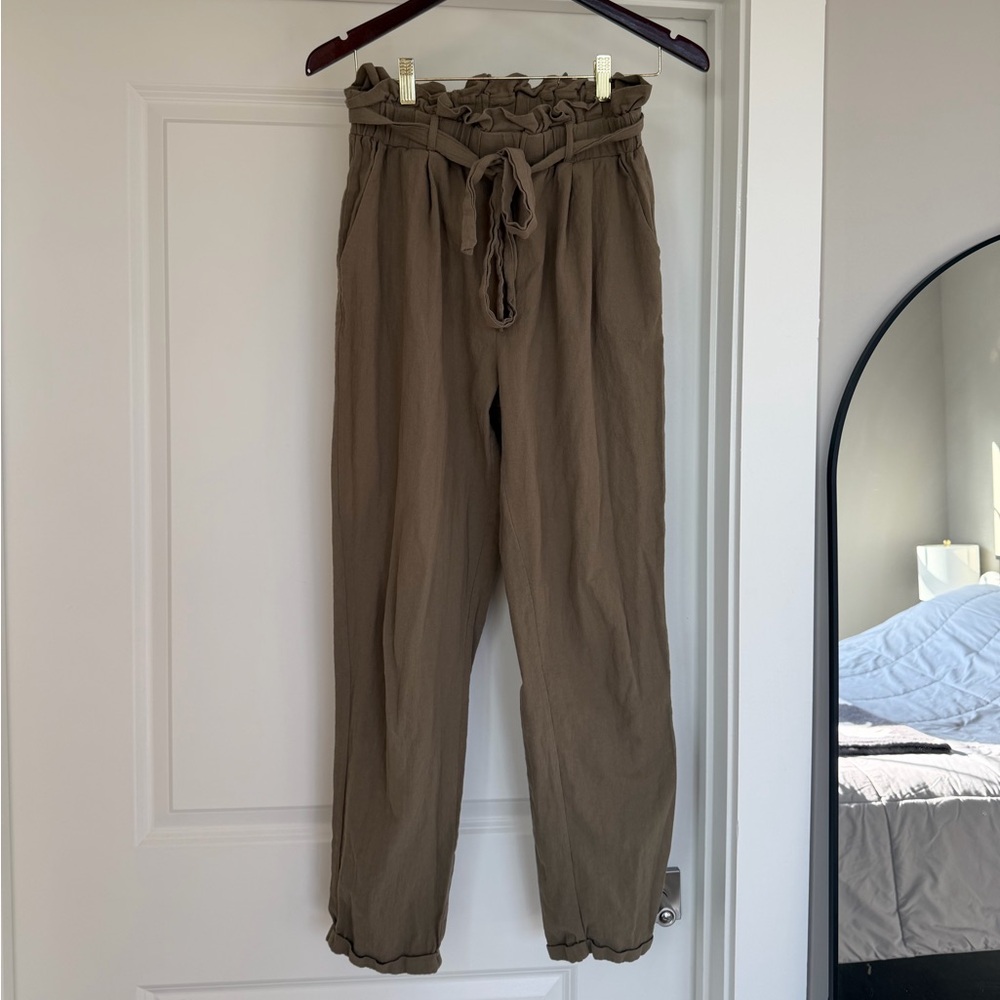 Olive Green Paperbag Waist Tie Belted High Rise Pants Large Casual 100% Cotton - Picture 2 of 9